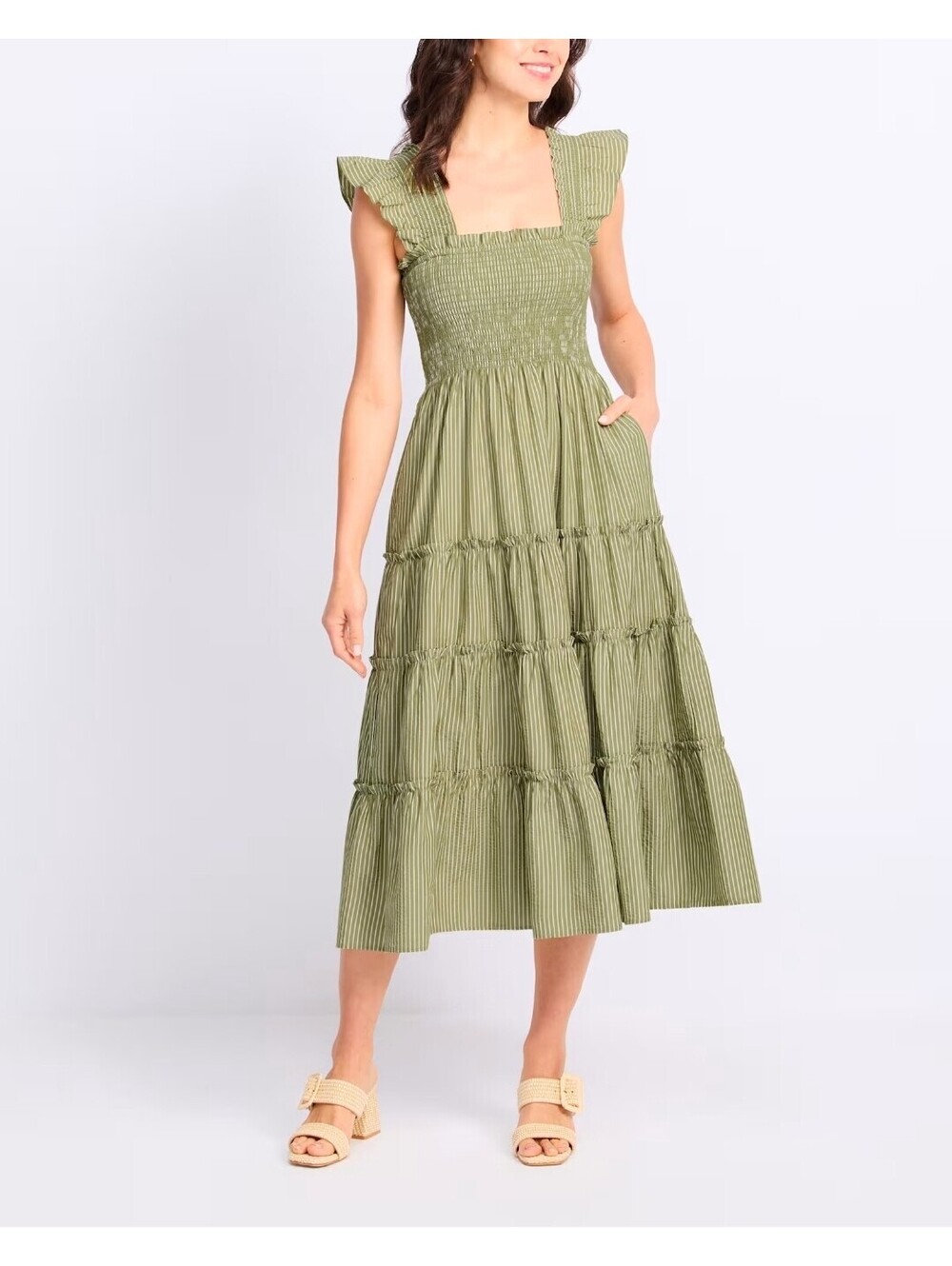 Few Moda Green Striped Midi Dress with Ruffle Sleeves sz L